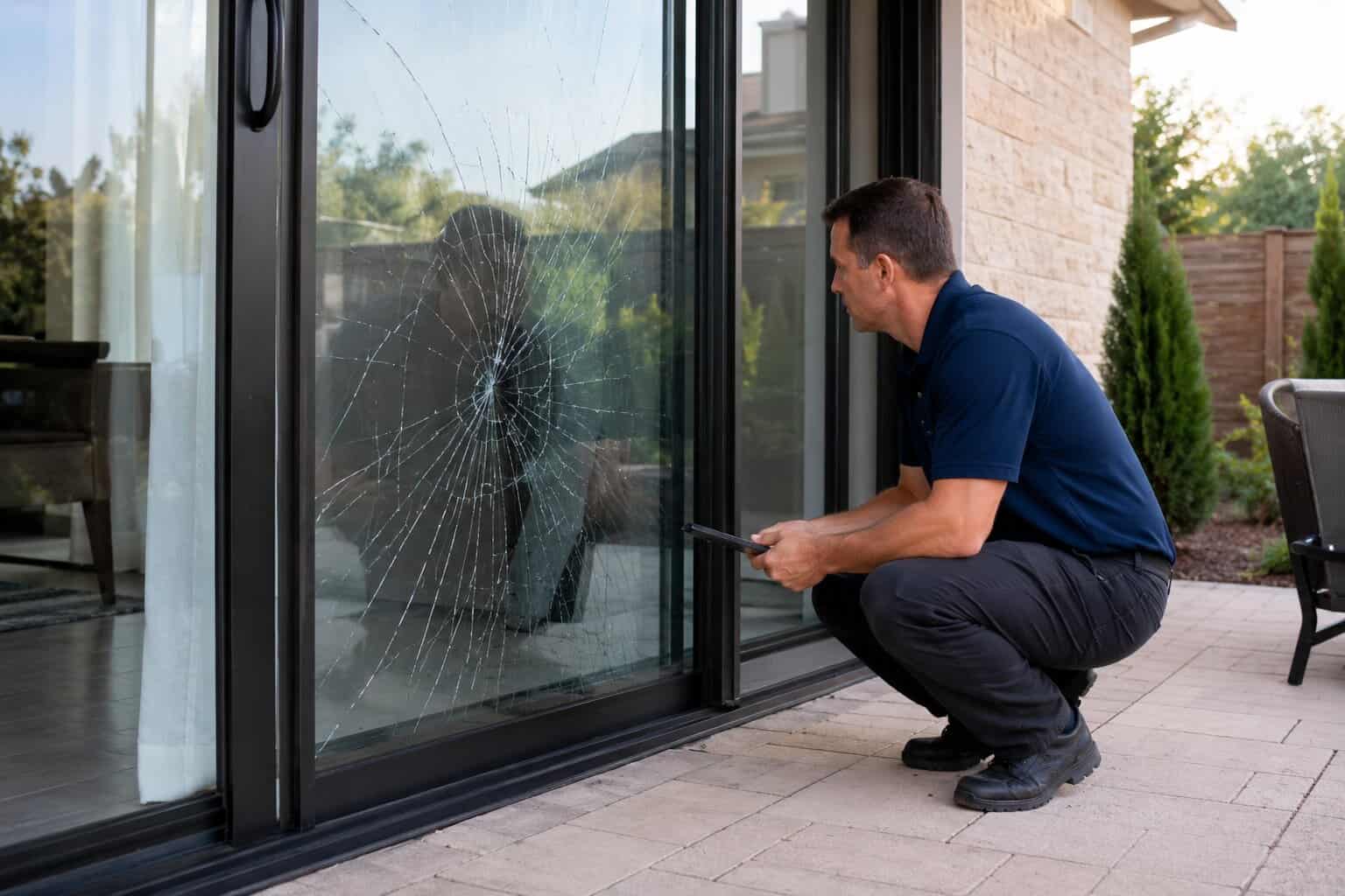 Technician removing a broken glass panel from a sliding glass door frame