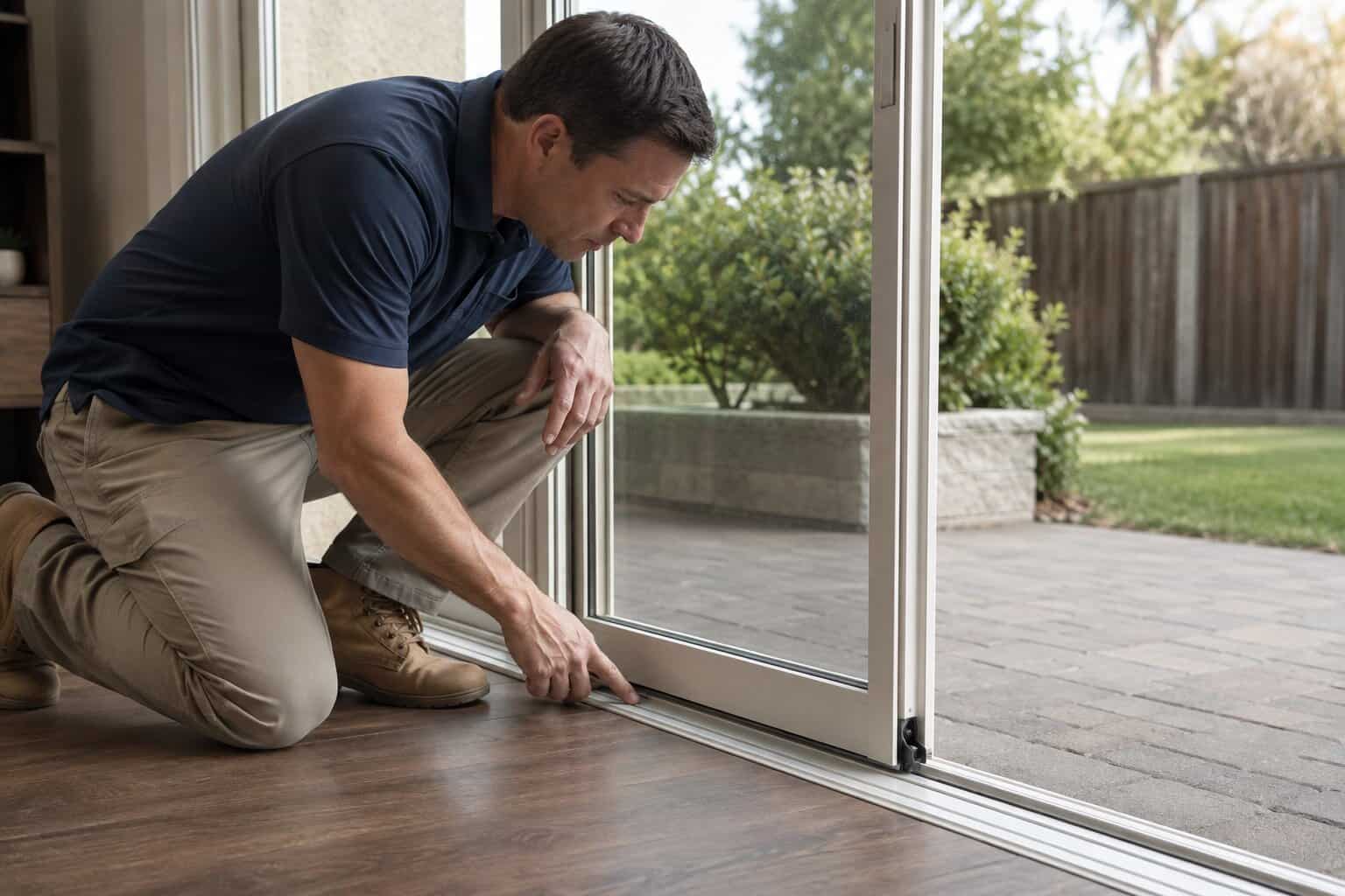 Technician inspecting the bottom track and roller assembly of a sliding glass door