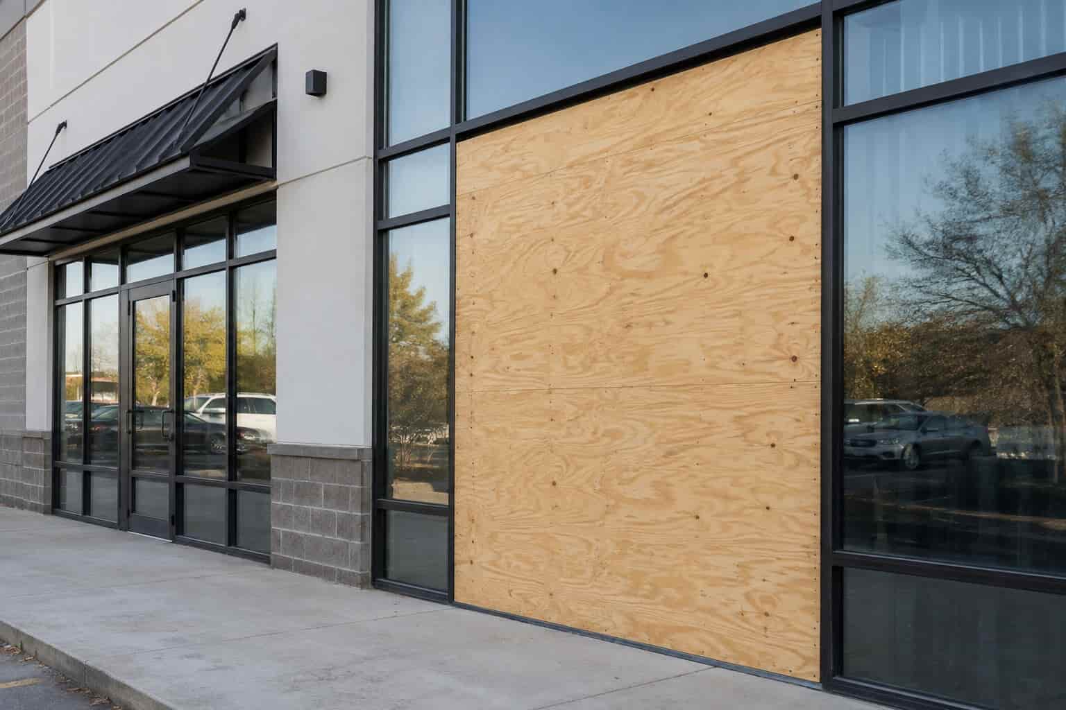 Plywood board-up installed over a broken commercial storefront glass opening after a break-in