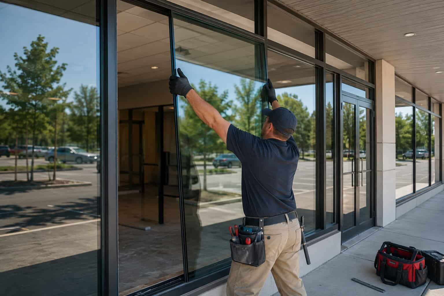 Technician installing a new glass panel into an existing aluminum storefront frame