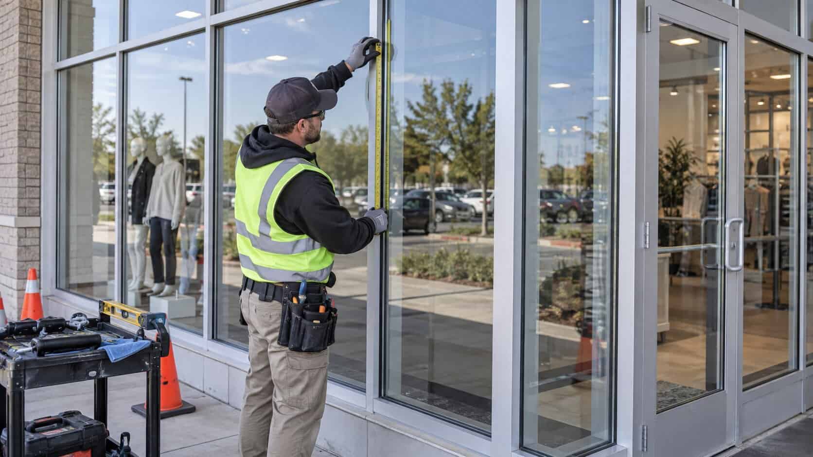 Technician measuring an aluminum storefront opening for replacement glass