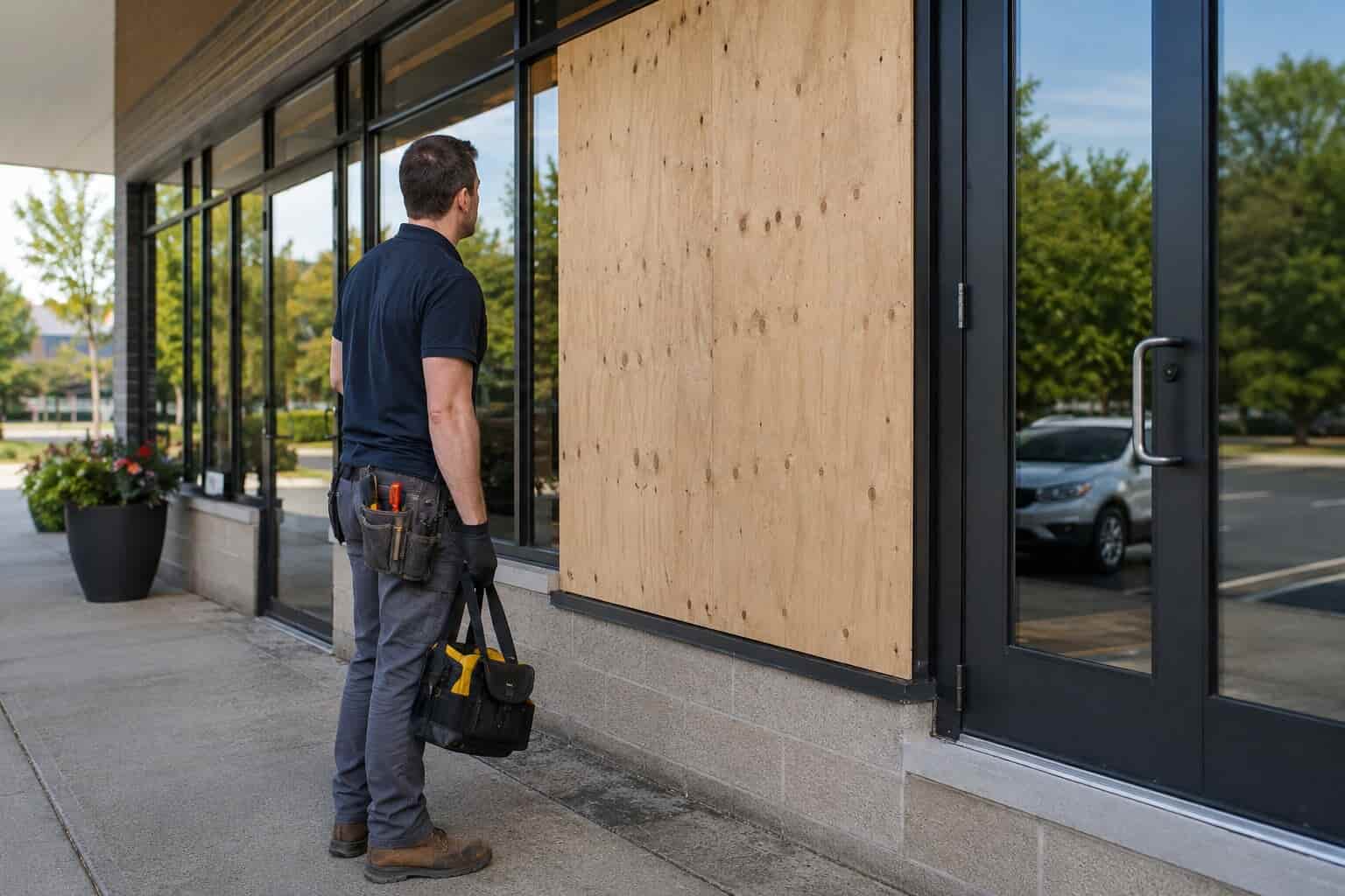 Plywood board-up on a damaged storefront being assessed before glass replacement