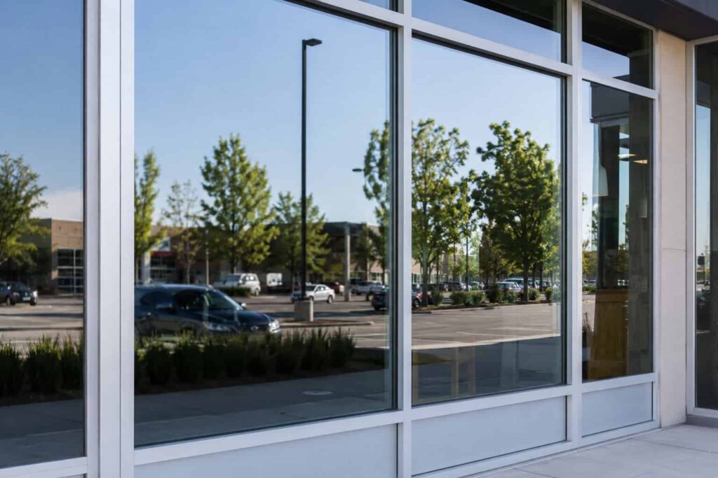 Close-up view of commercial storefront glass showing different glass panel types