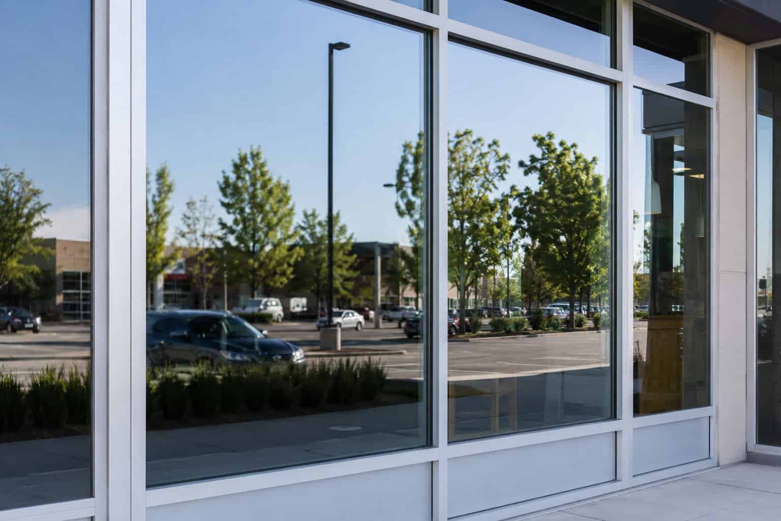Close-up view of commercial storefront glass showing different glass panel types