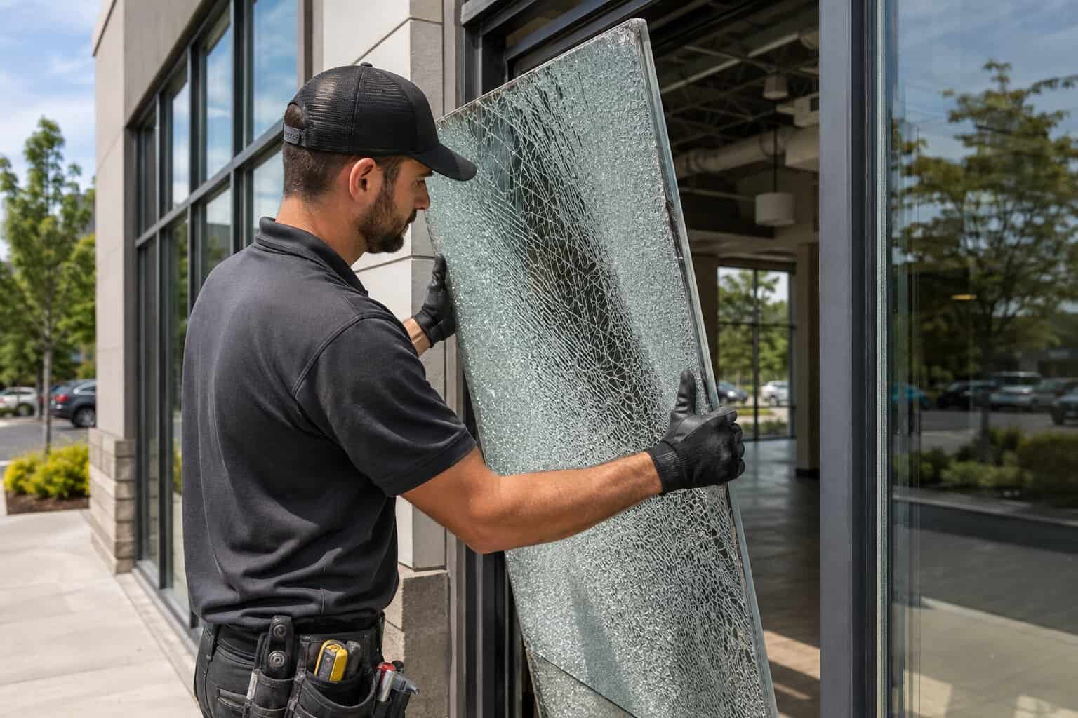 Technician removing a cracked laminated glass panel from an aluminum commercial storefront frame