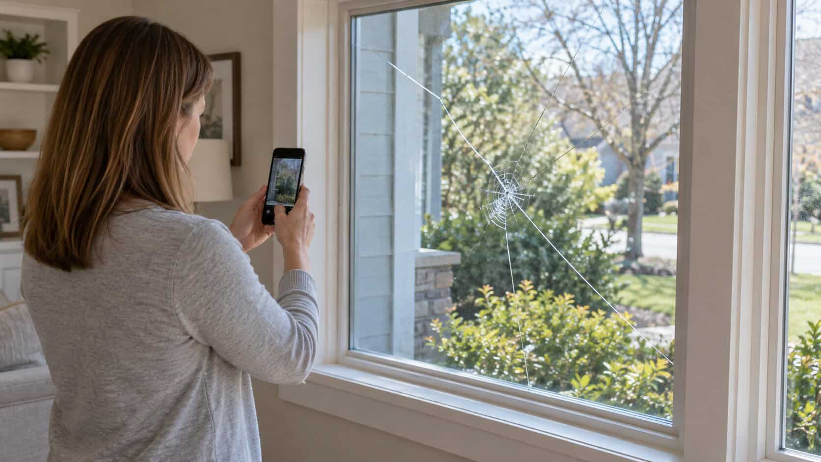 Homeowner keeping a safe distance from cracked window glass while documenting the damage