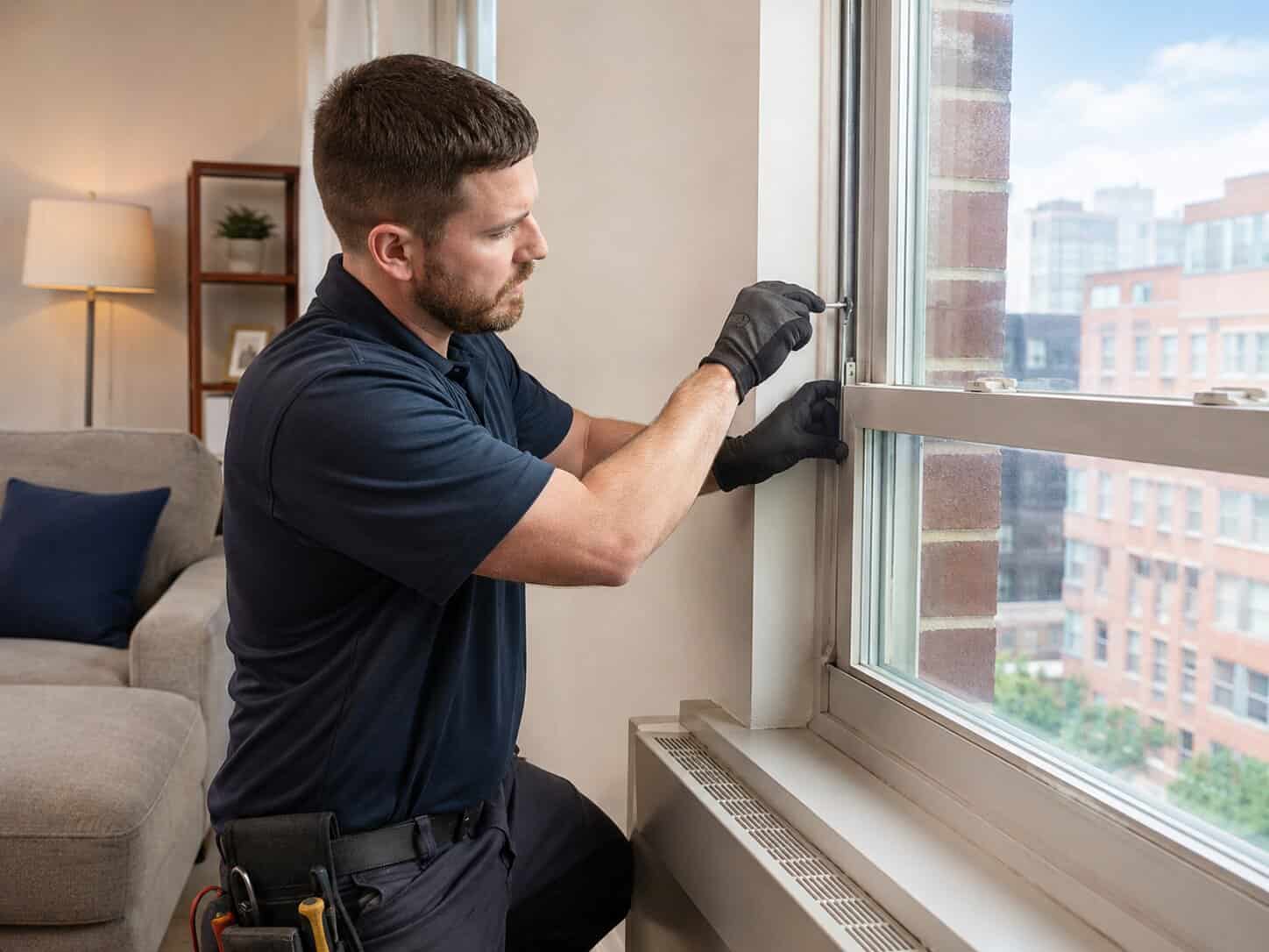 Technician repairing a window balance in an occupied rental unit