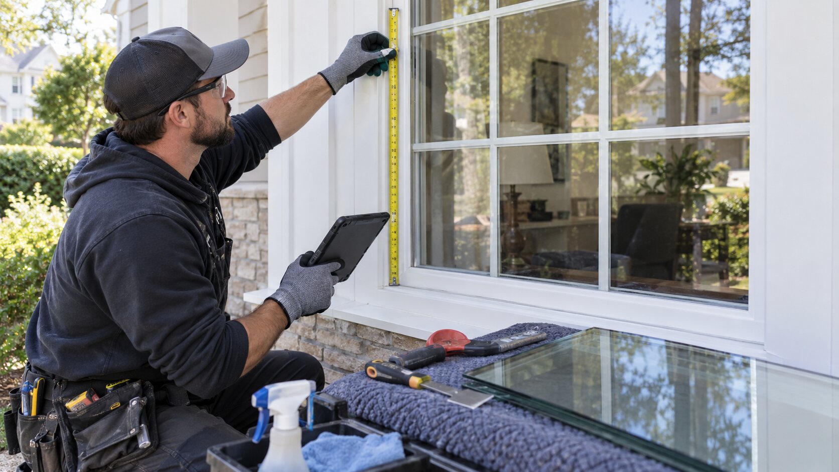 Technician measuring and documenting a window before replacement glass is ordered