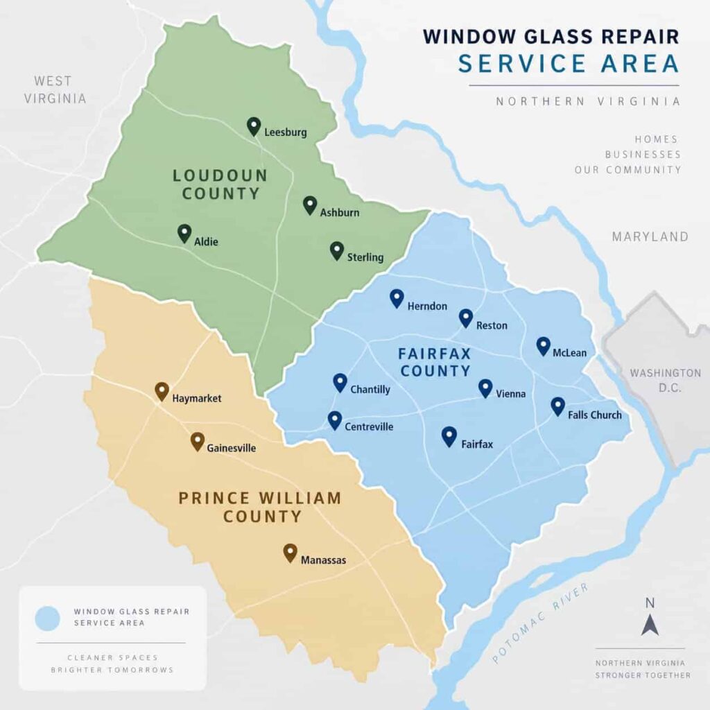Northern Virginia window glass repair service coverage including Loudoun, Fairfax, and Prince William counties