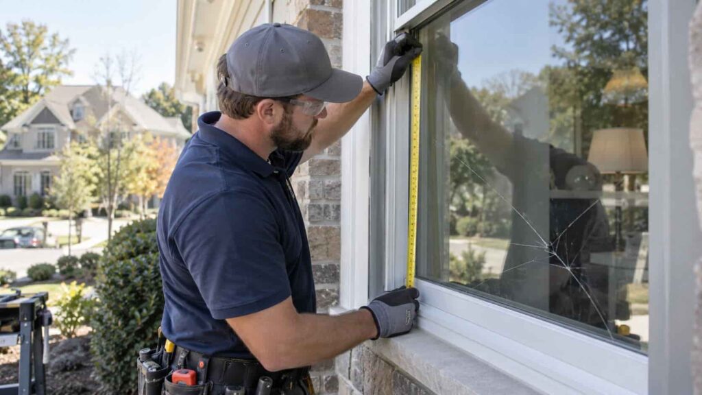 Window glass repair technician assessing damaged residential glass in Northern Virginia