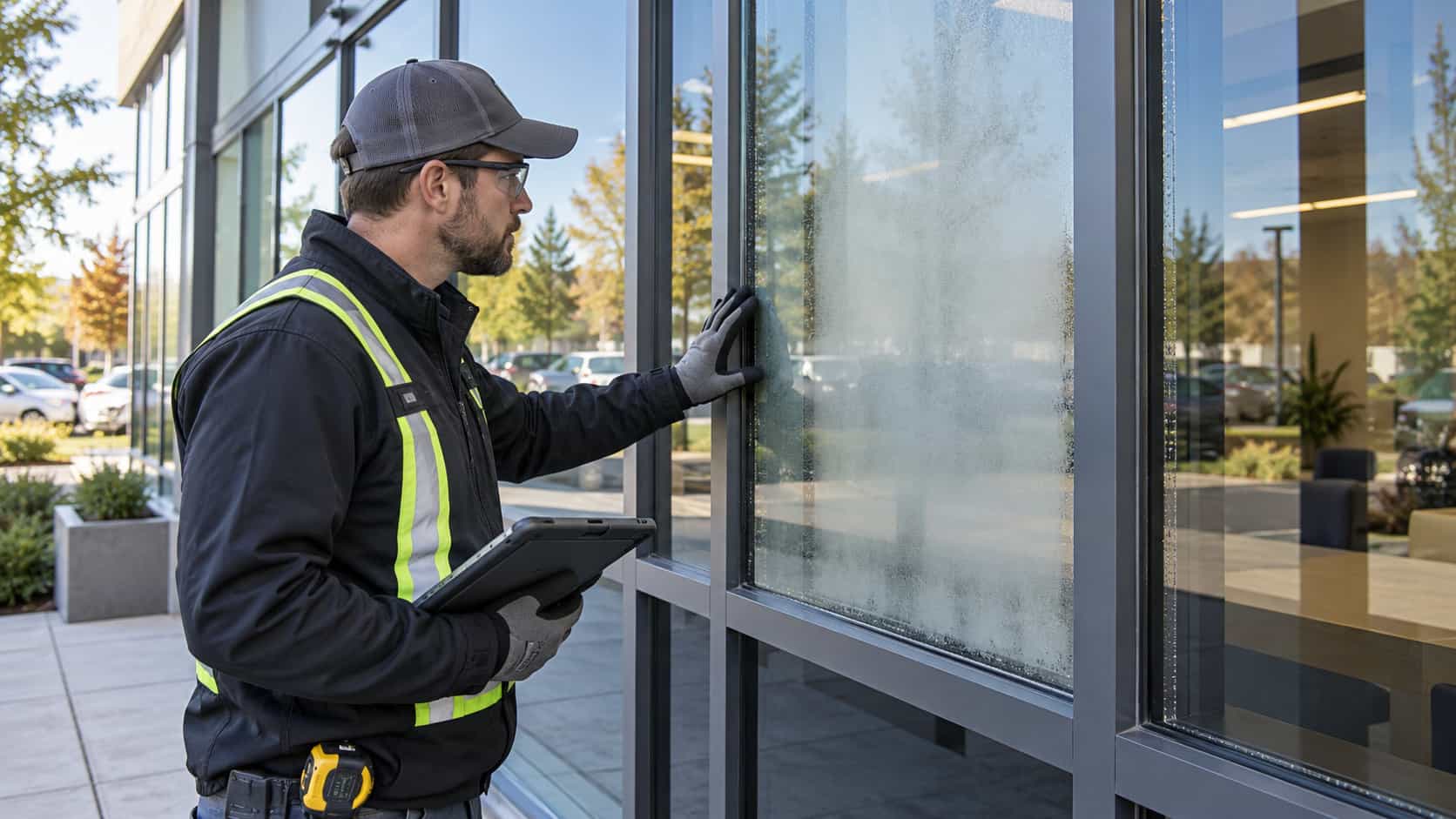 Technician assessing a foggy insulated glass unit in an aluminum commercial window system