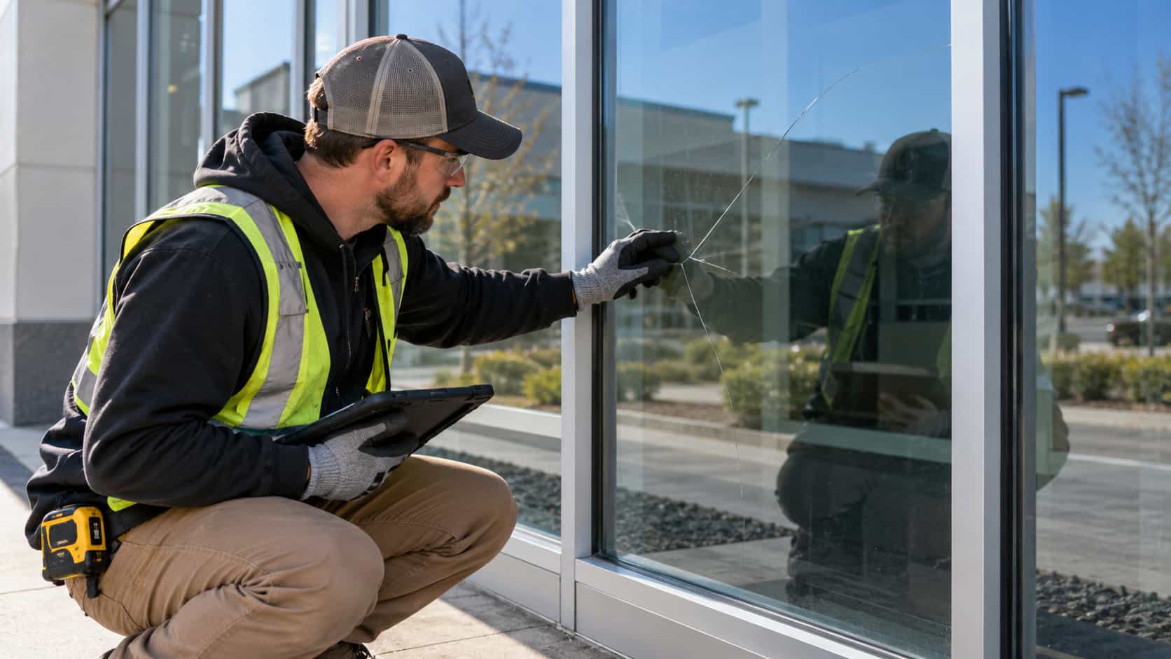 Technician assessing cracked glass in an aluminum commercial window