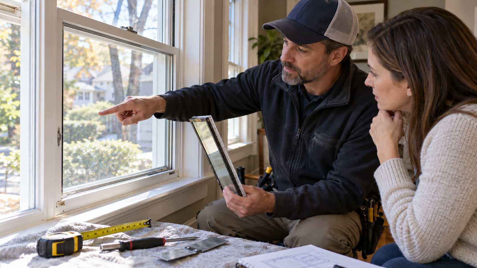 Glass technician discussing residential glass repair options with a homeowner