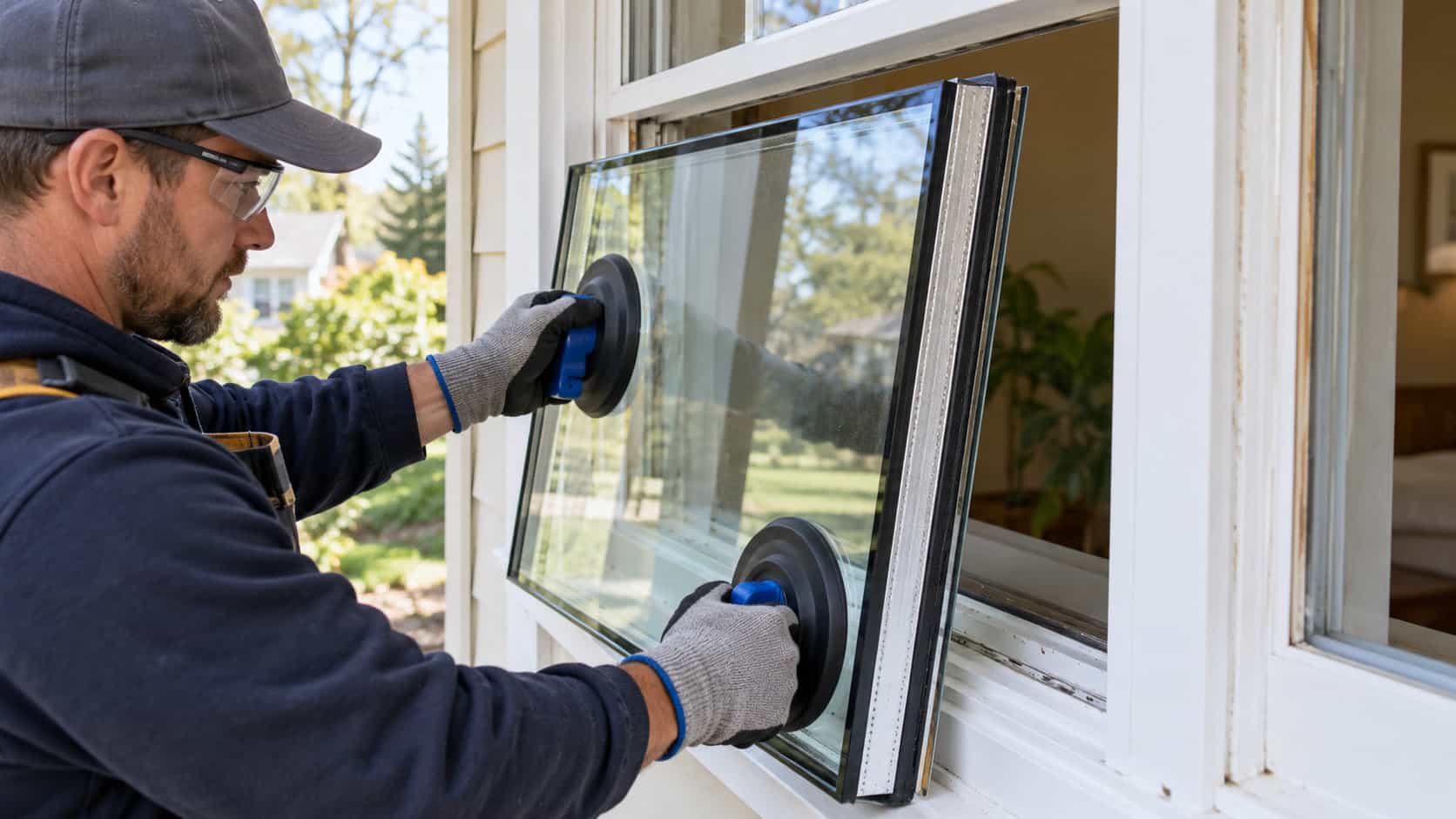 Technician installing a replacement insulated glass unit into an existing residential window sash