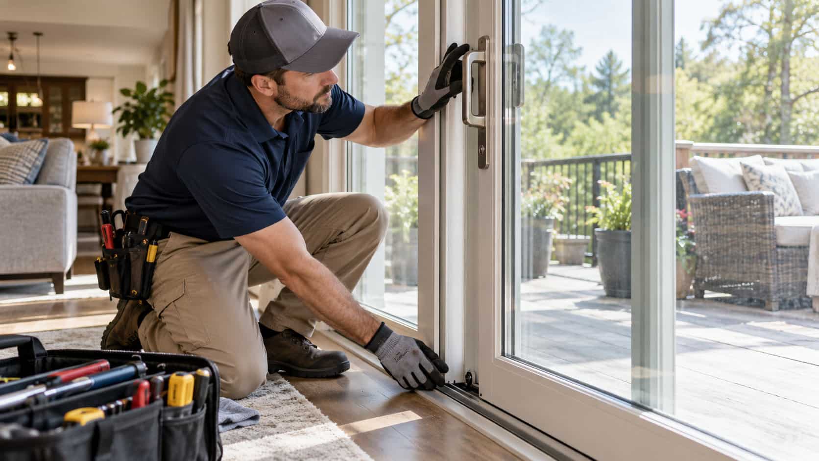 Technician inspecting a residential sliding patio door glass panel and operating hardware