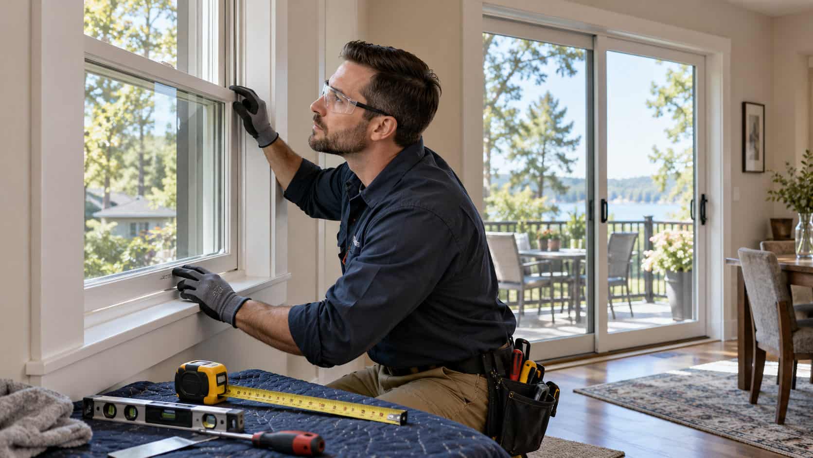 Technician inspecting residential window glass and surrounding sash components