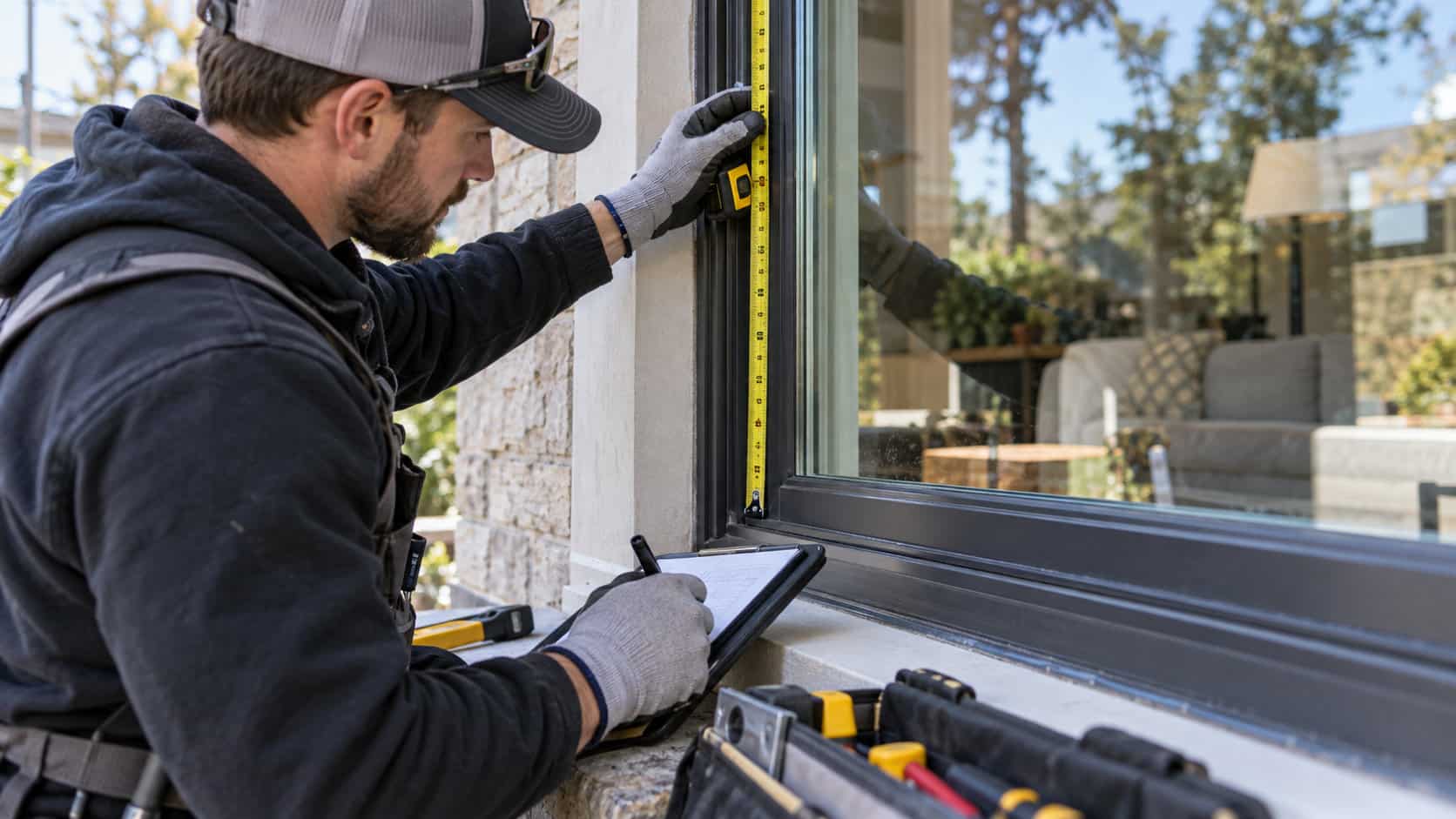 Glass technician measuring an existing window before replacement glass is ordered